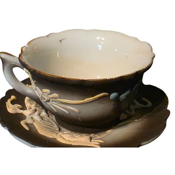 DRAGON Ware Black Moriage Tea Cup and Saucer Japan Demitasse Set Embossed Design - Picture 5 of 16